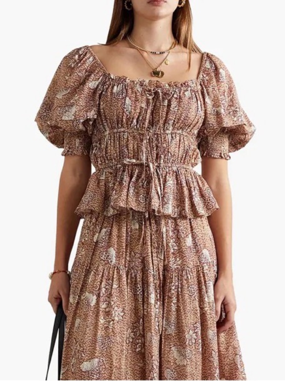 Ulla Johnson Floral Smocked Peplum Puff-Sleeve Top in Dusty Pink